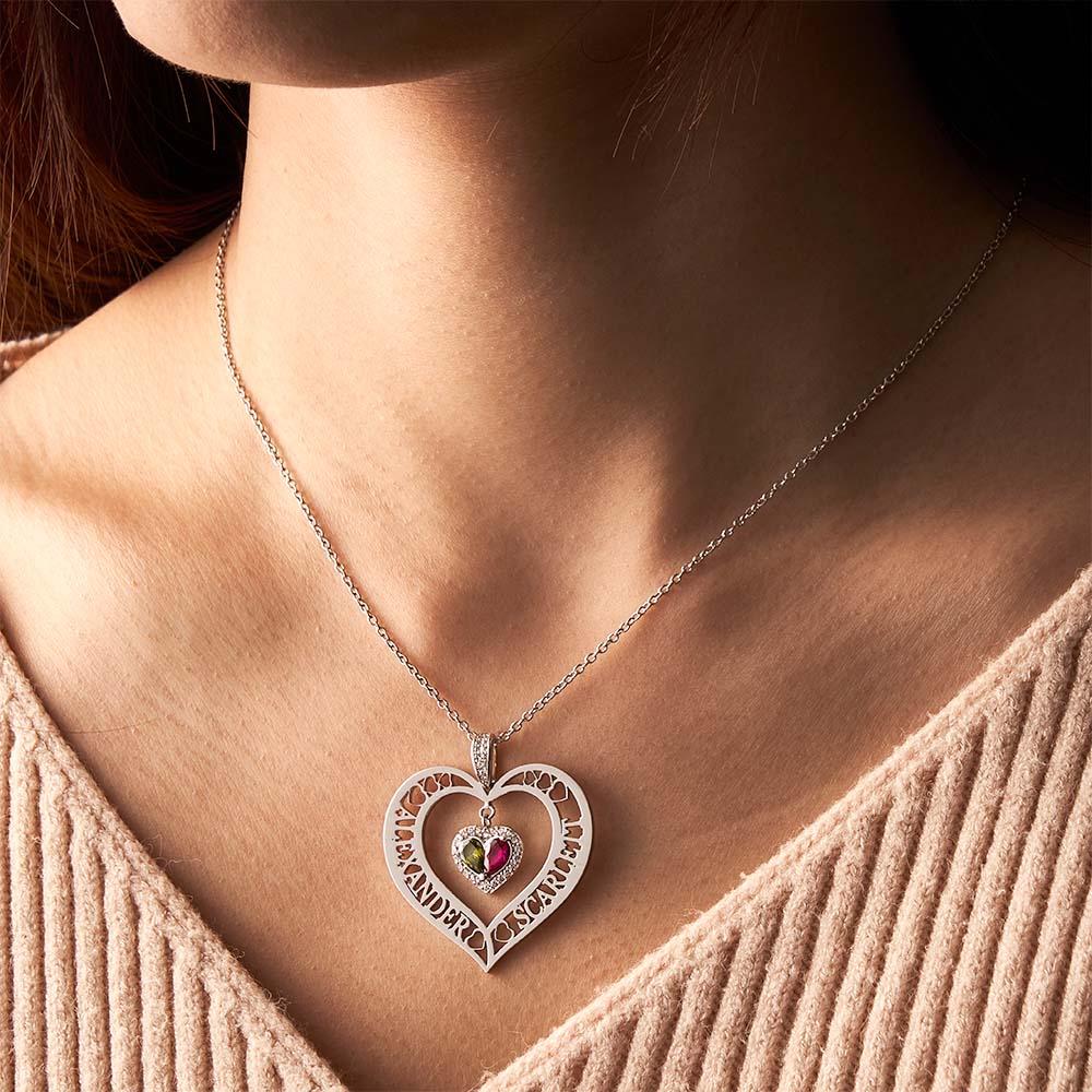 Name Birthstone Necklace Hollow Heart Pendant Jewelry Gifts For Women