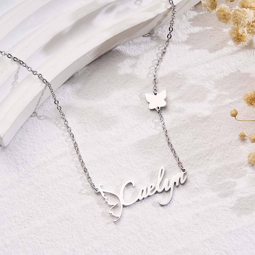 Customized Name Necklace Butterfly Necklace for Women Handwriting with Sideways Butterfly Charm Elegant Butterfly Design Gift for Friend