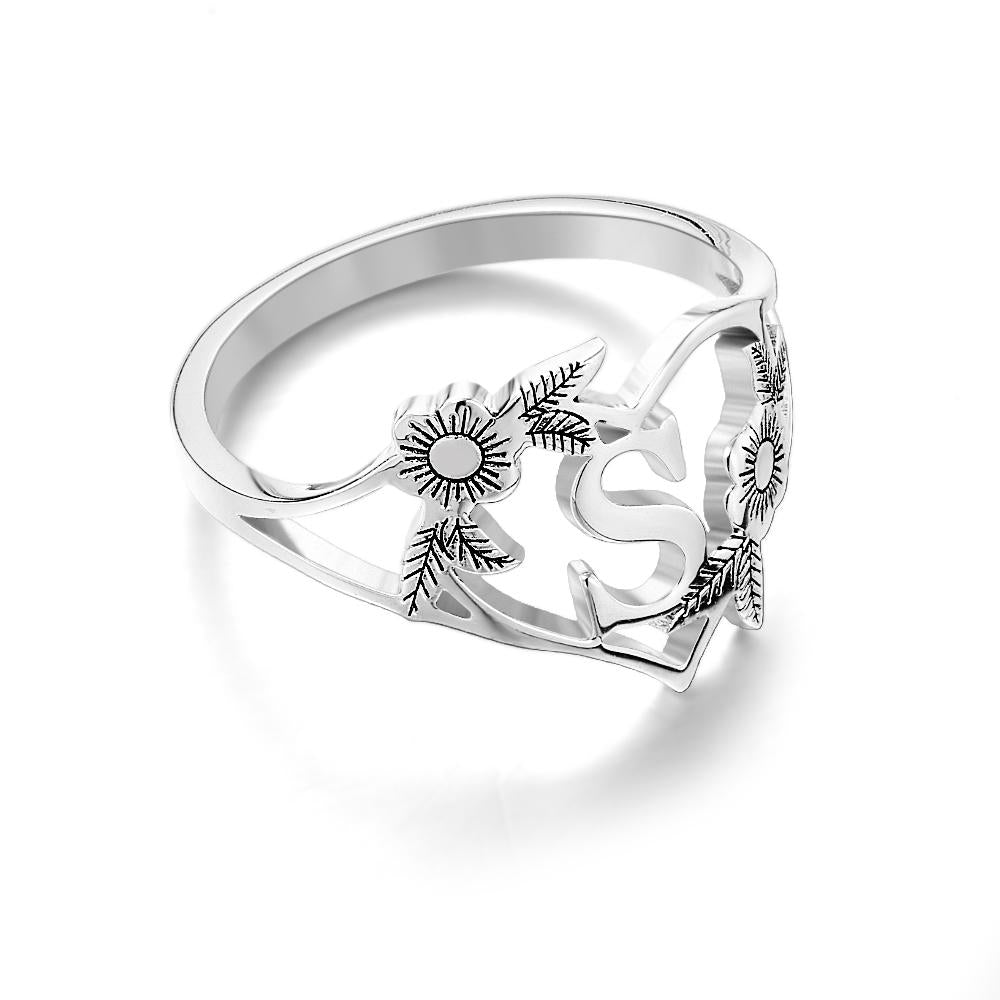 Custom Initials Letter Heart and Flowers Rings Custom Dainty Letter Ring Personalized Gift for Her