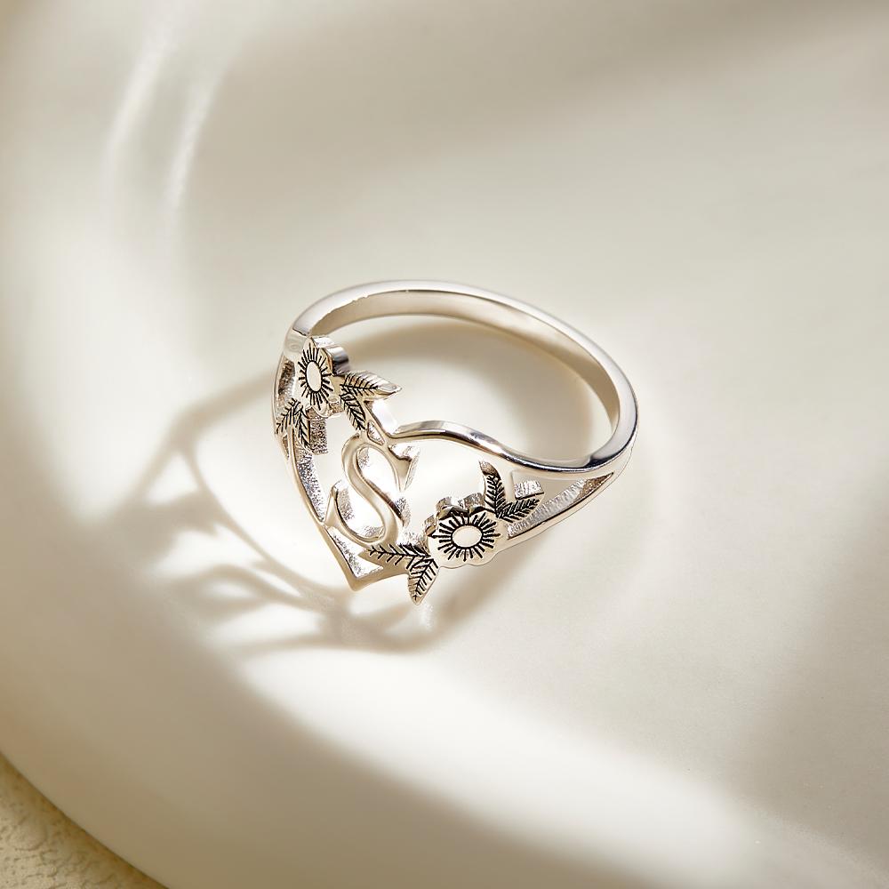 Custom Initials Letter Heart and Flowers Rings Custom Dainty Letter Ring Personalized Gift for Her