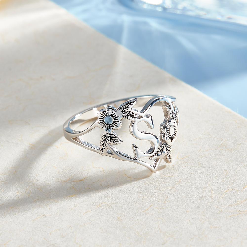 Custom Initials Letter Heart and Flowers Rings Custom Dainty Letter Ring Personalized Gift for Her