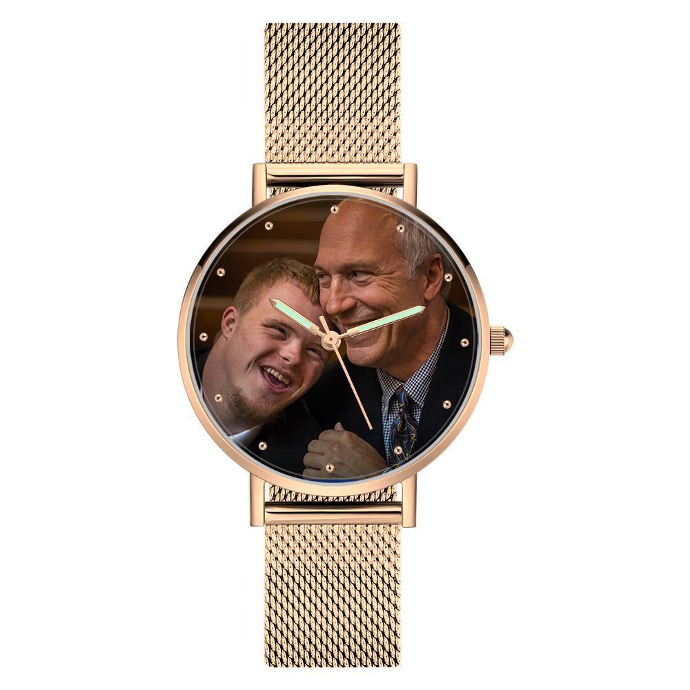 Engraved Photo Watch with Luminous Pointer Rose Gold Alloy Bracelet Photo Watch 40mm