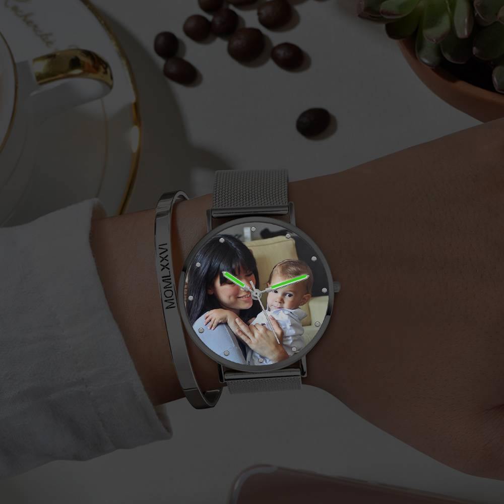 Engraved Photo Watch with Luminous Pointer Alloy Bracelet Photo Watch 40mm - Unisex