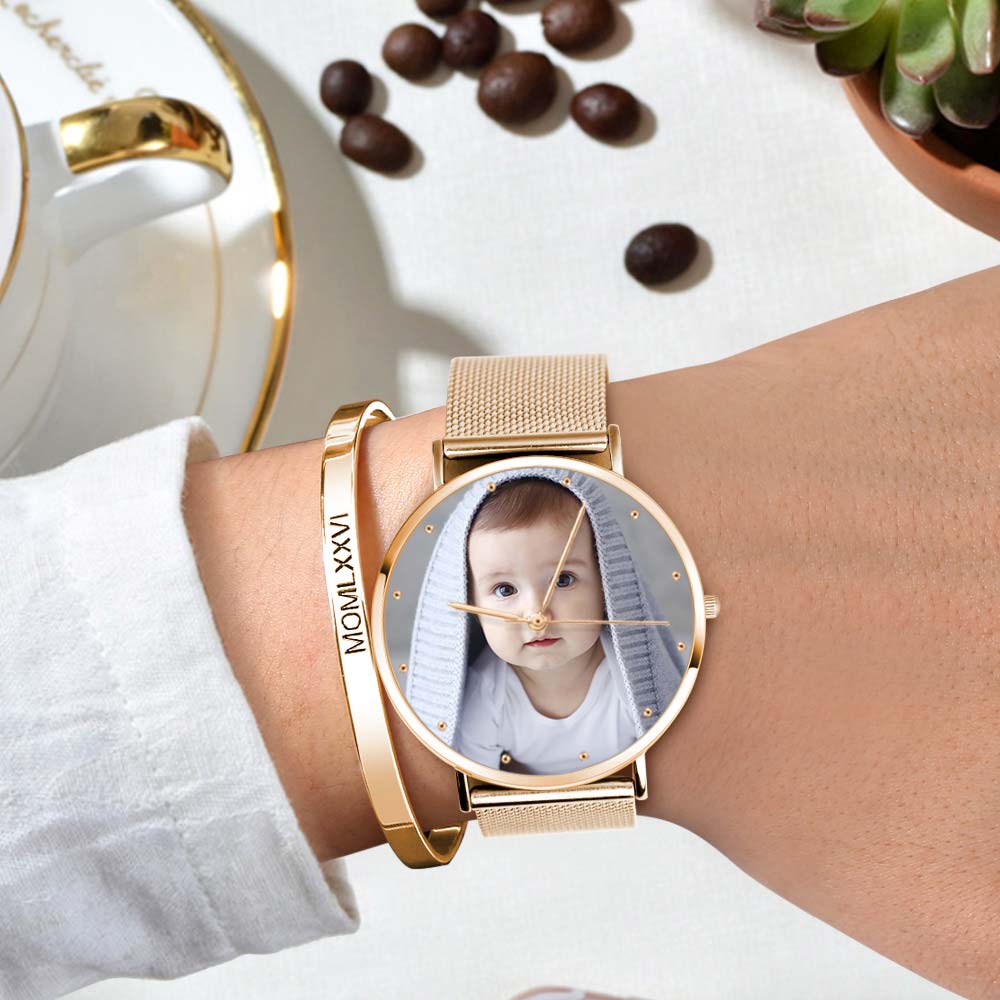 Mother's Personalized Engraved Photo Watch Alloy Bracelet Mother's Day Gift for Her Custom Photo Watch 36mm