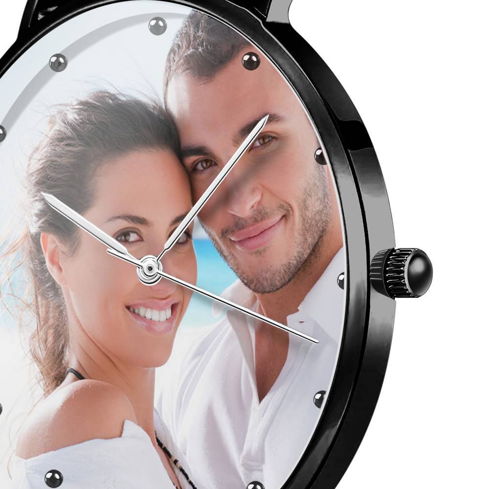 Engraved Men's Black Alloy Bracelet Photo Watch 40mm