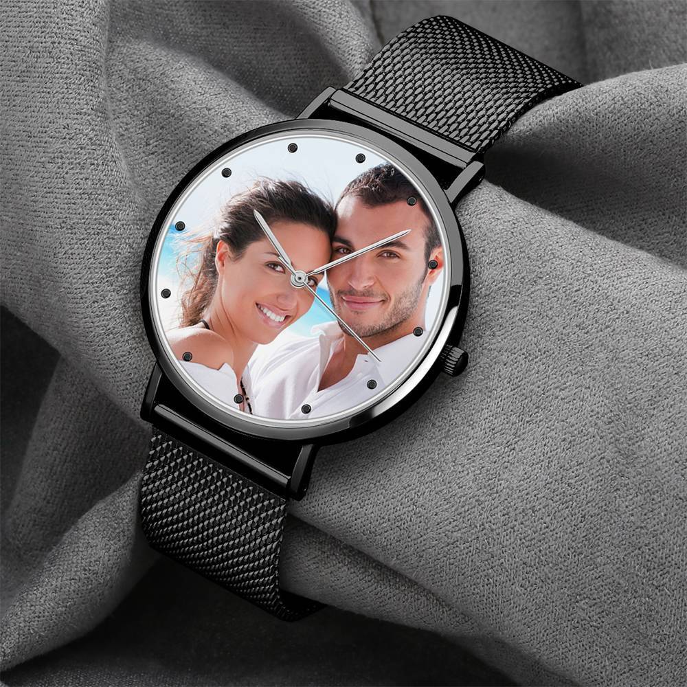 Engraved Men's Black Alloy Bracelet Photo Watch 40mm