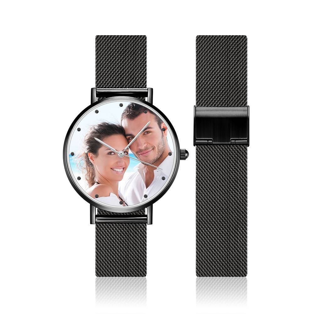 Engraved Men's Black Alloy Bracelet Photo Watch 40mm
