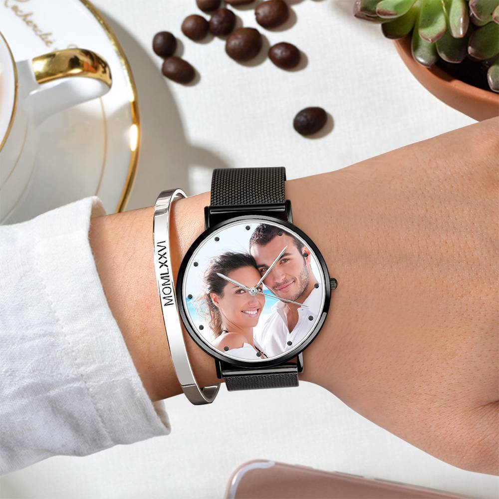 Engraved Men's Black Alloy Bracelet Photo Watch 40mm