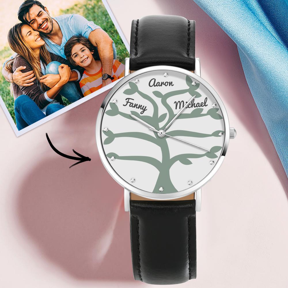 Custom Name Watch Black Leather Strap 40mm for Family (1-9 Names)