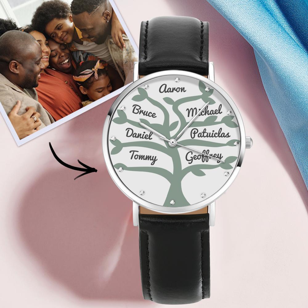 Custom Name Watch Black Leather Strap 40mm for Family (1-9 Names)