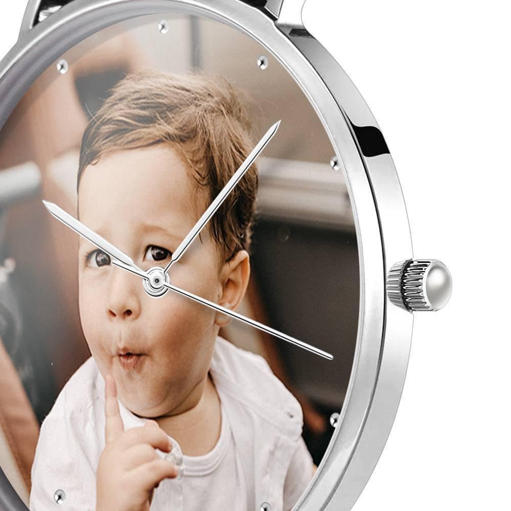 Engraved Photo Watch, Keepsake Gift Black Leather Strap 40mm - Unisex