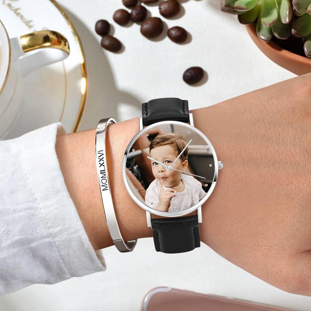 Engraved Photo Watch, Keepsake Gift Black Leather Strap 40mm - Unisex