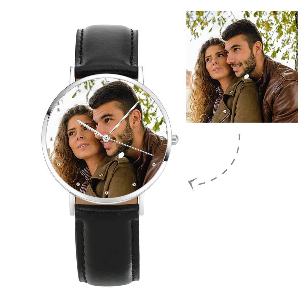 Unisex Engraved Photo Watch Black Leather Strap 40mm