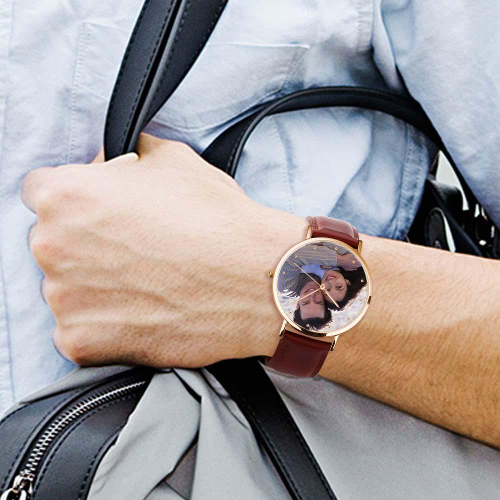 Unisex Engraved Rose Goldtone Photo Watch Brown Leather Strap 40mm