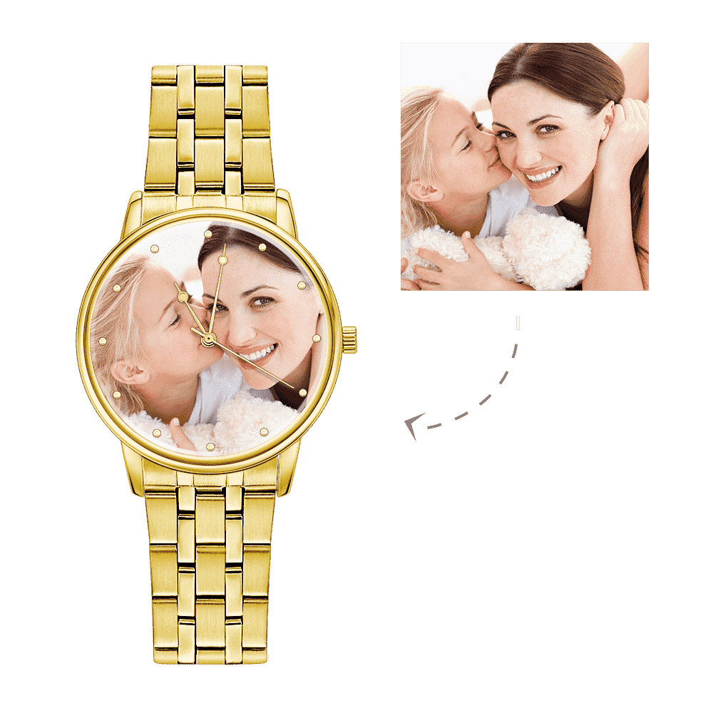 Unisex Engraved Gold Alloy Bracelet Photo Watch 40mm