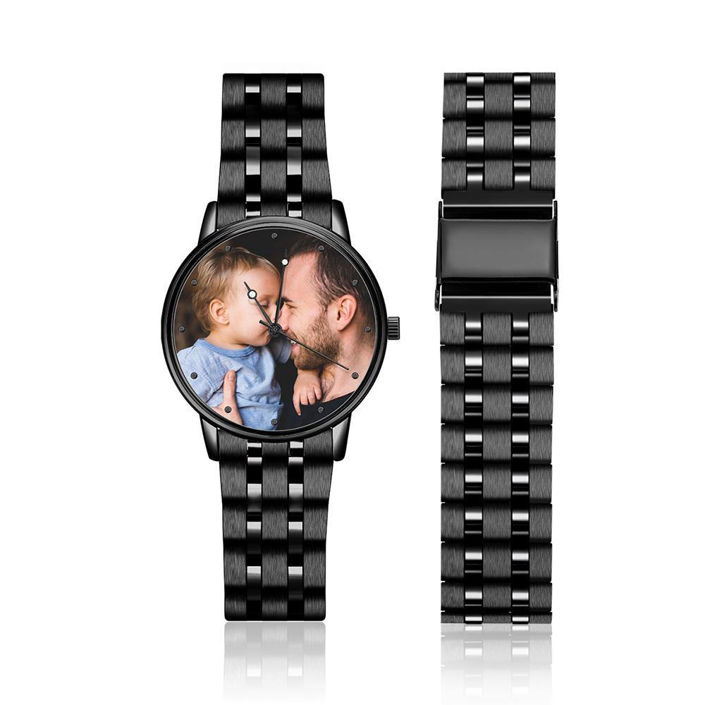 Engraved Men's Black Alloy Bracelet Photo Watch 38mm Christmas Gift