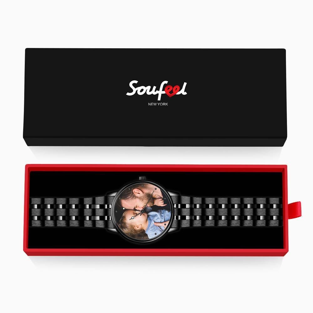 Engraved Men's Black Alloy Bracelet Photo Watch 38mm