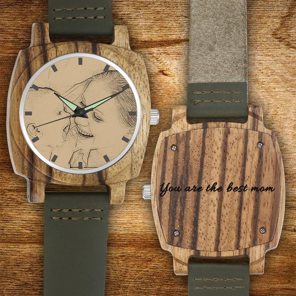 Men's Engraved Bamboo Photo Watch Dark Green Leather Strap 45mm