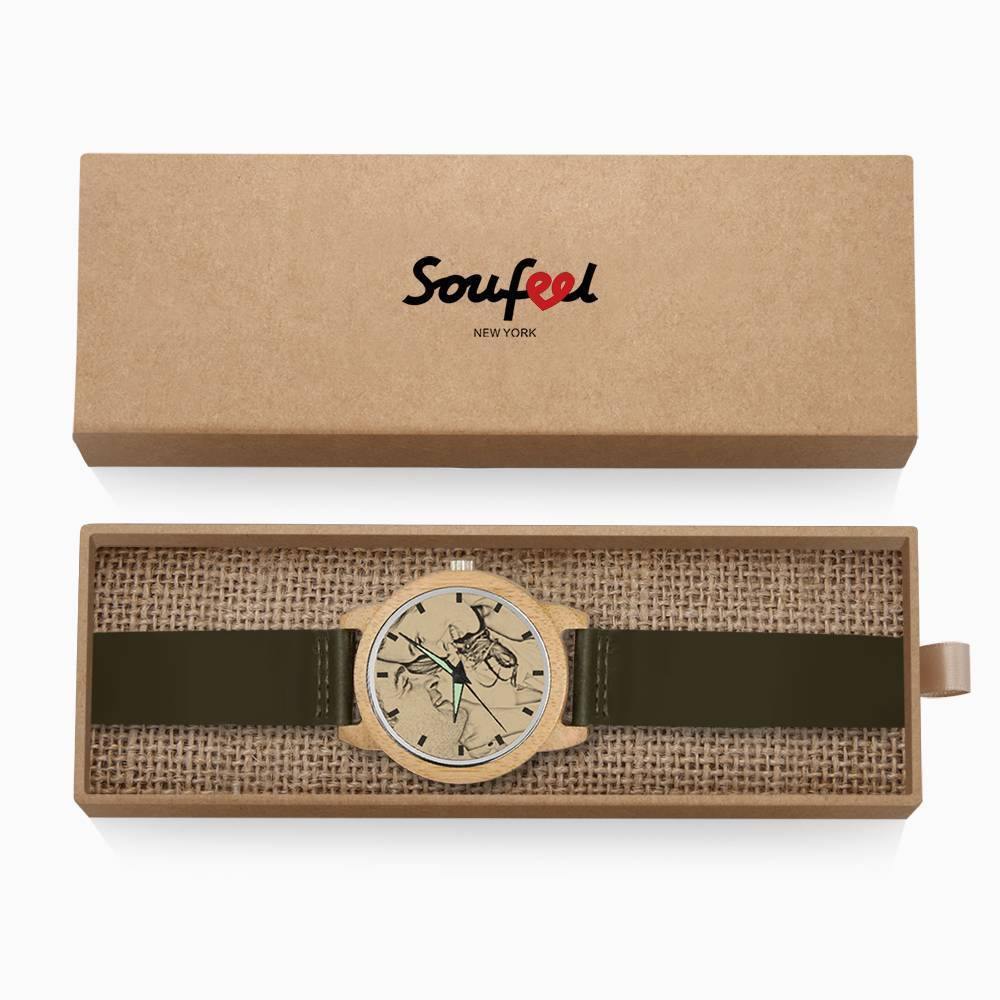 Men's Bamboo Photo Watch Dark Green Leather Strap 45mm