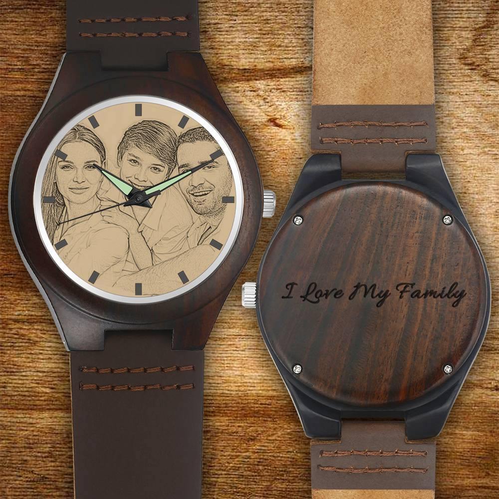 Men's Engraved Wooden Photo Watch Brown Leather Strap 45mm