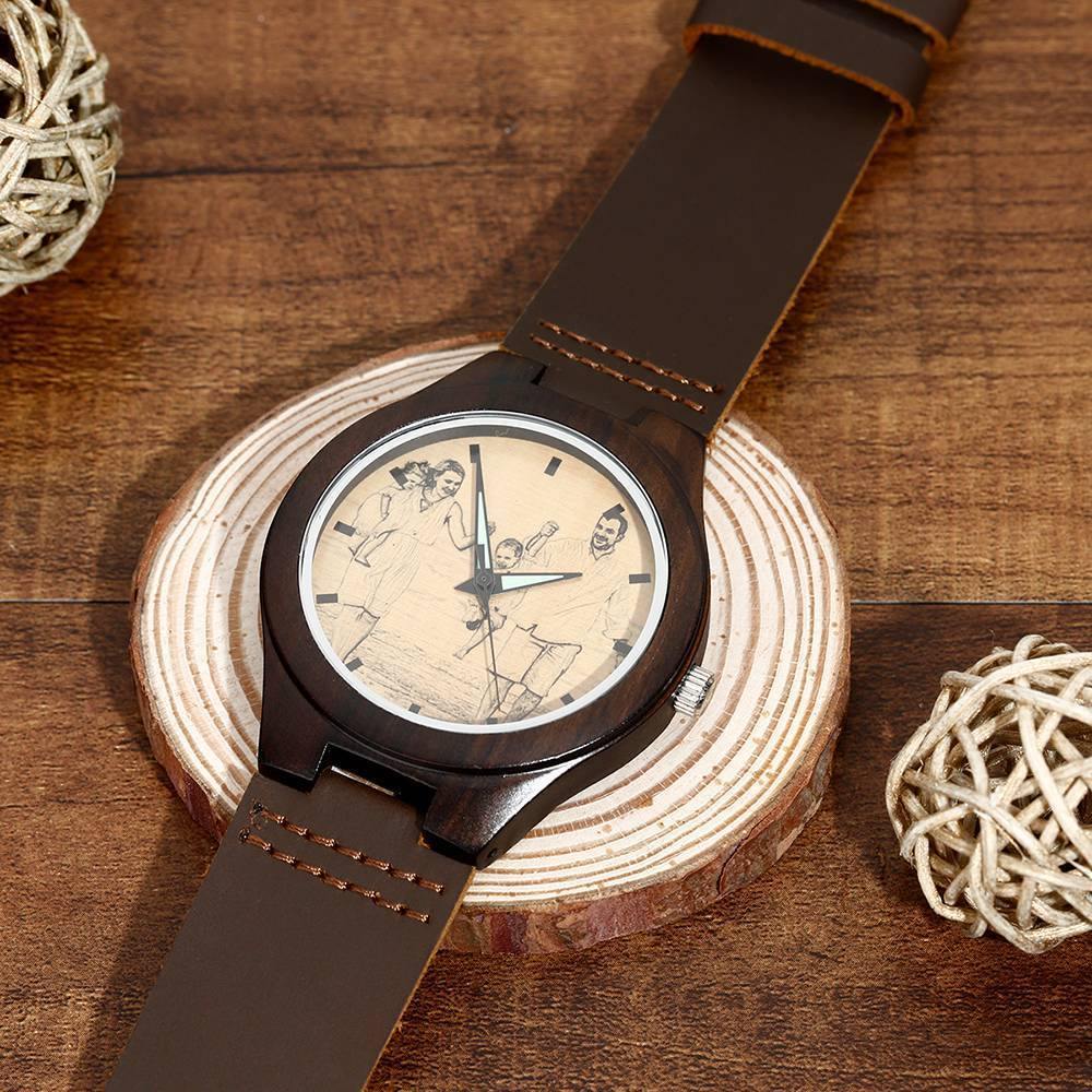 Men's Engraved Wooden Photo Watch Brown Leather Strap 45mm