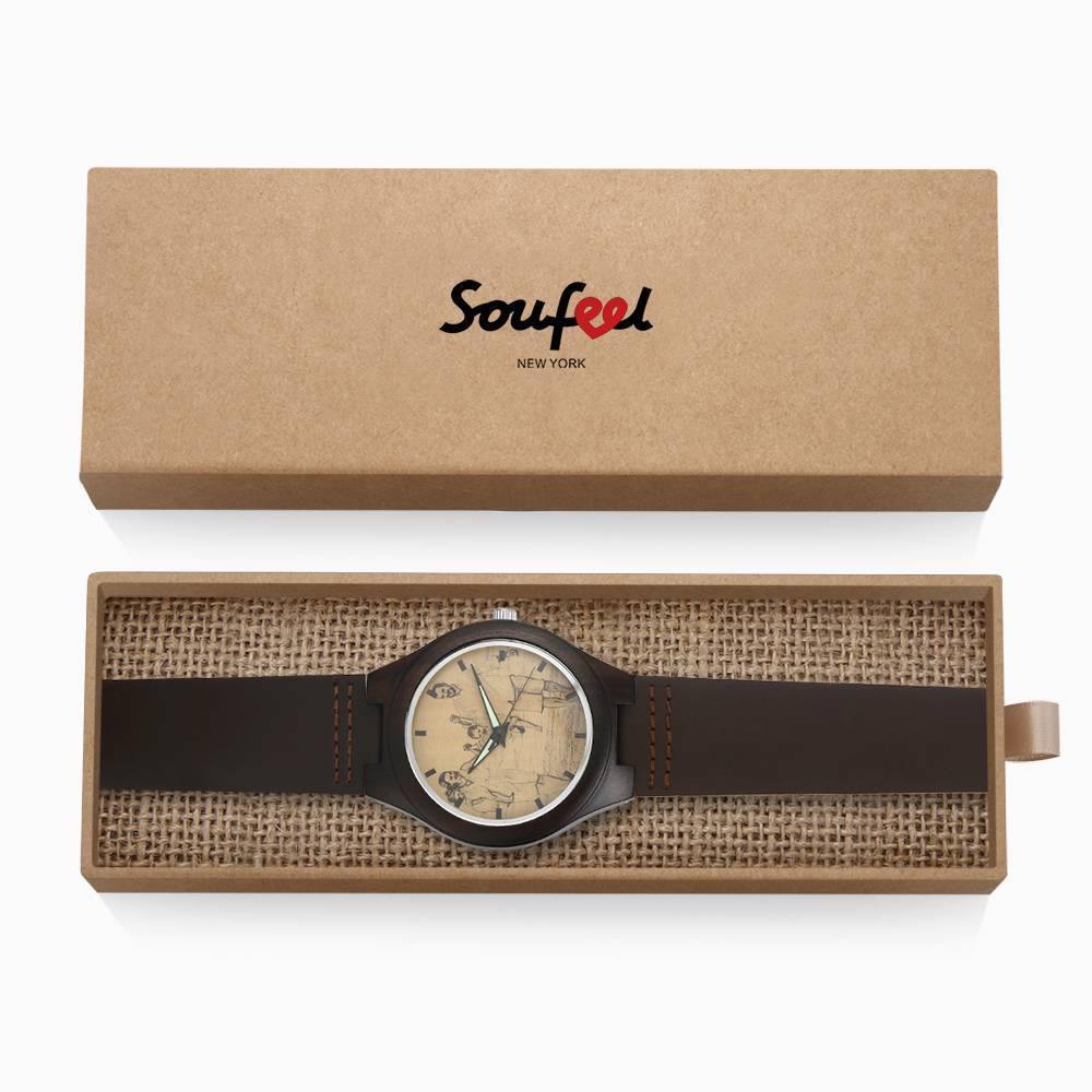 Men's Engraved Wooden Photo Watch Brown Leather Strap 45mm