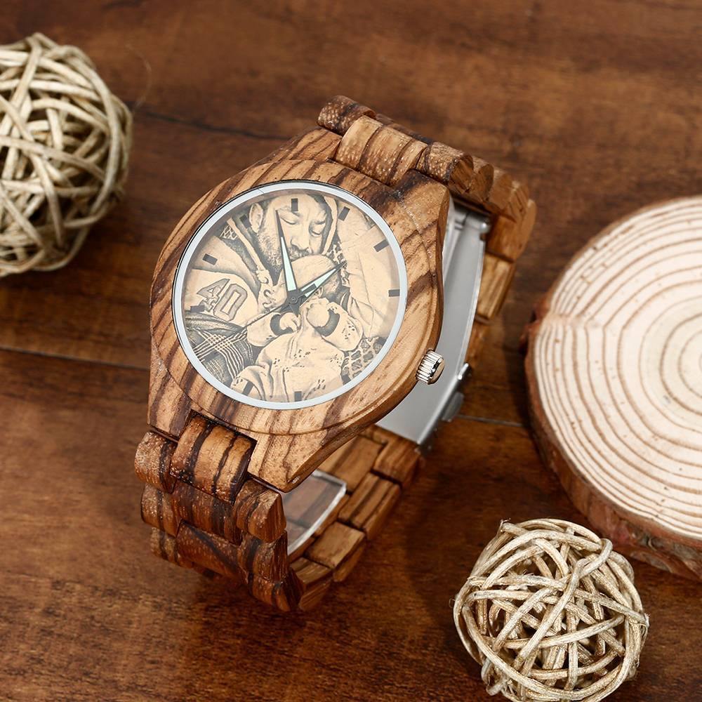 Men's Engraved Wooden Photo Watch Wooden Strap 45mm