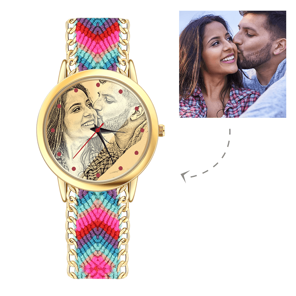 Women's Gold Photo Engraved Watch Braided Color Rope Strap 40mm