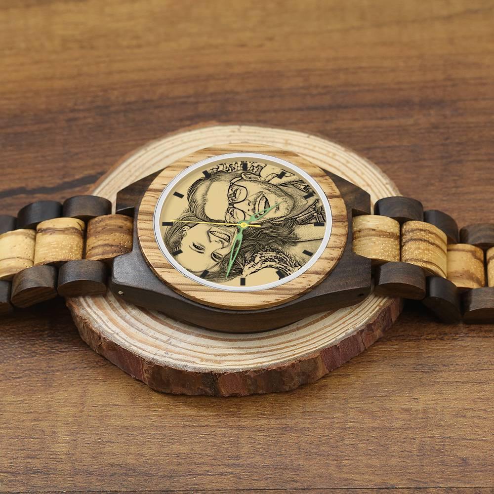 Men's Engraved Wooden Photo Watch Wooden Strap 45mm