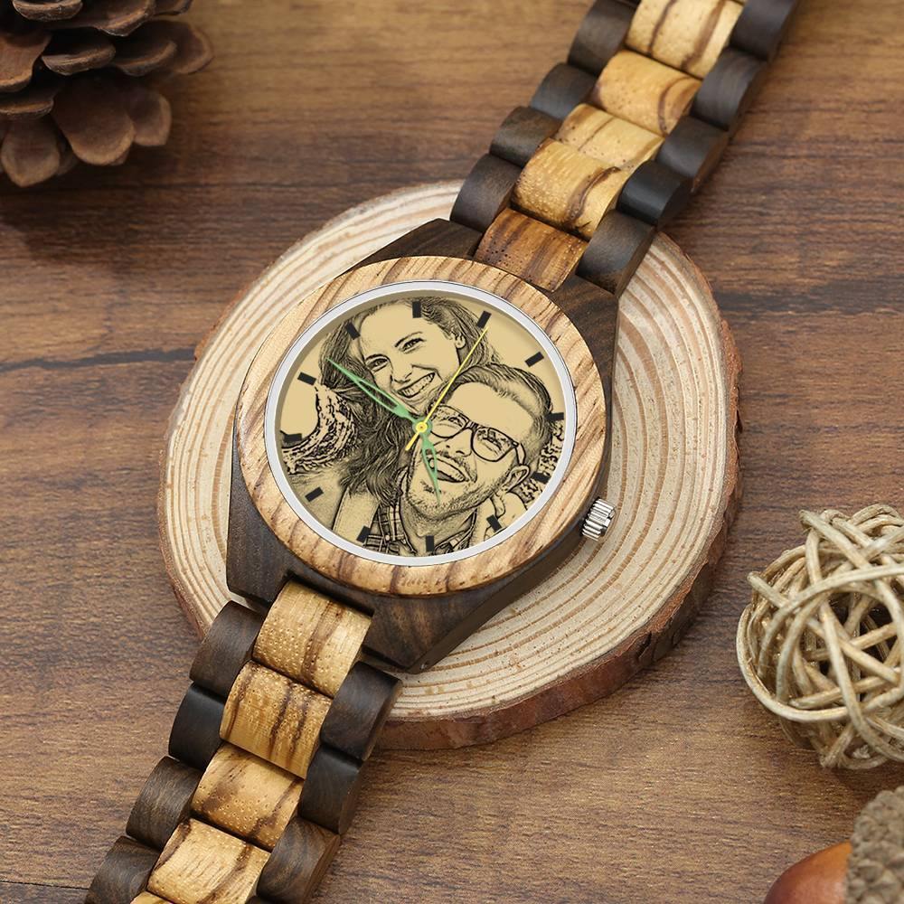 Men's Engraved Wooden Photo Watch Wooden Strap 45mm