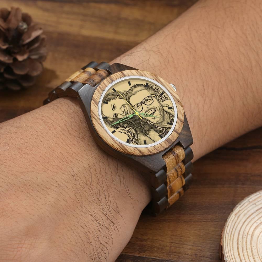 Men's Engraved Wooden Photo Watch Wooden Strap 45mm