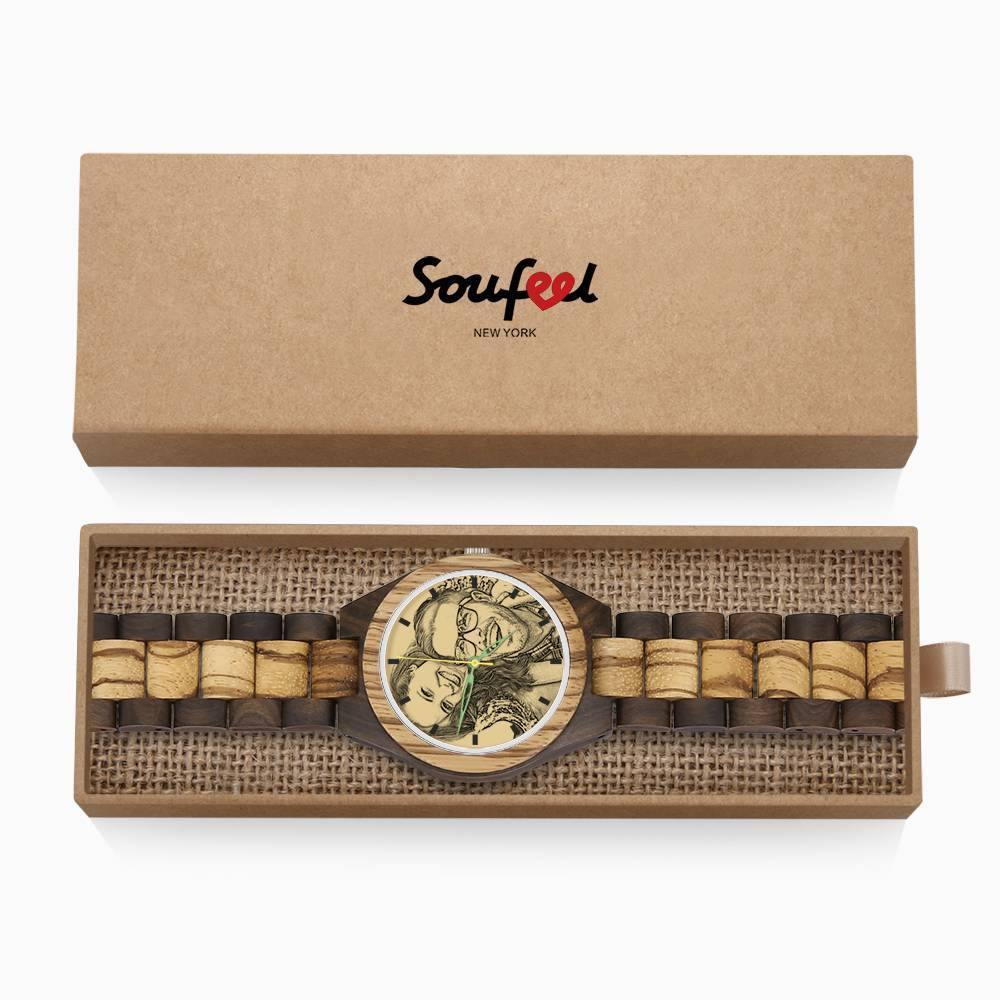 Men's Engraved Wooden Photo Watch Wooden Strap 45mm