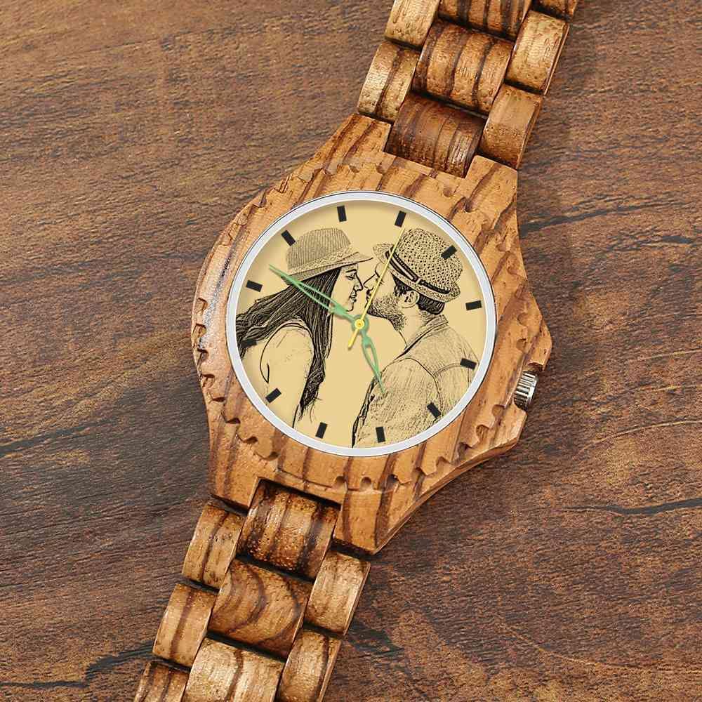 Men's Engraved Wooden Photo Watch Wooden Strap 45mm