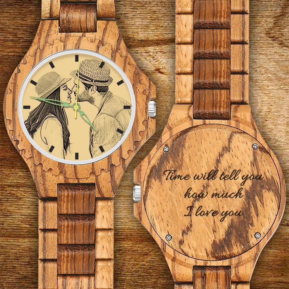 Men's Engraved Wooden Photo Watch Wooden Strap 45mm