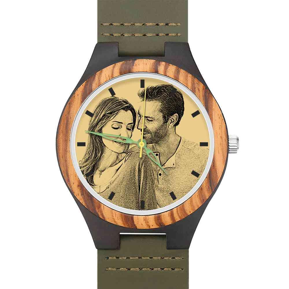 Men's Engraved Wooden Photo Watch Dark Green Leather Strap 45mm