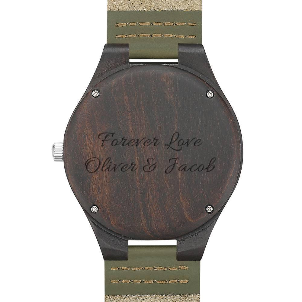 Men's Engraved Wooden Photo Watch Dark Green Leather Strap 45mm