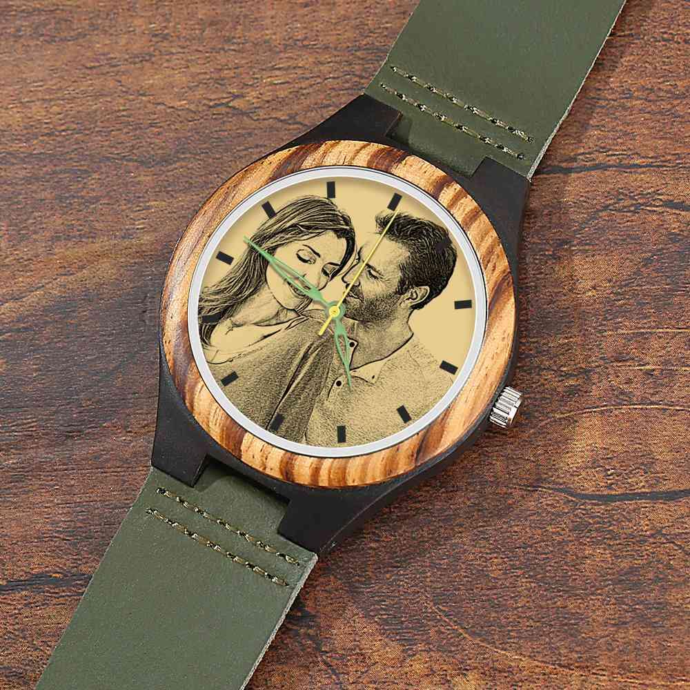 Men's Engraved Wooden Photo Watch Dark Green Leather Strap 45mm