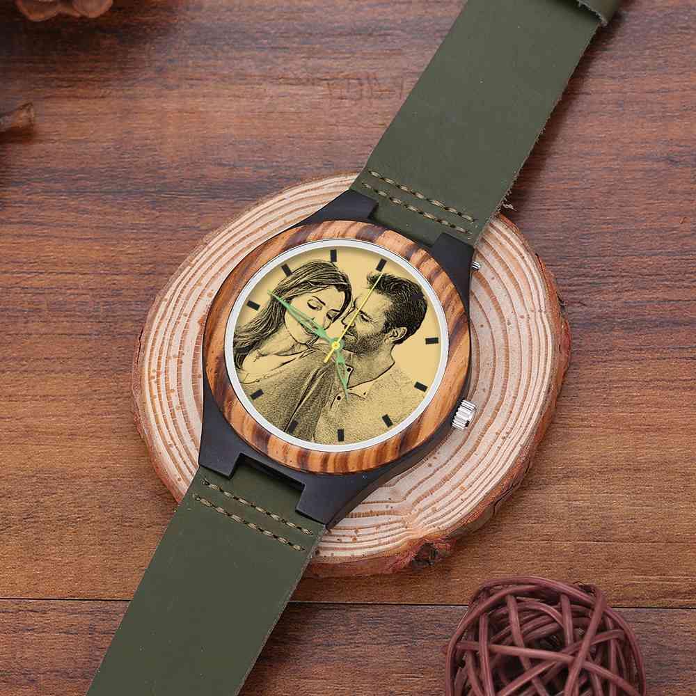 Men's Engraved Wooden Photo Watch Dark Green Leather Strap 45mm