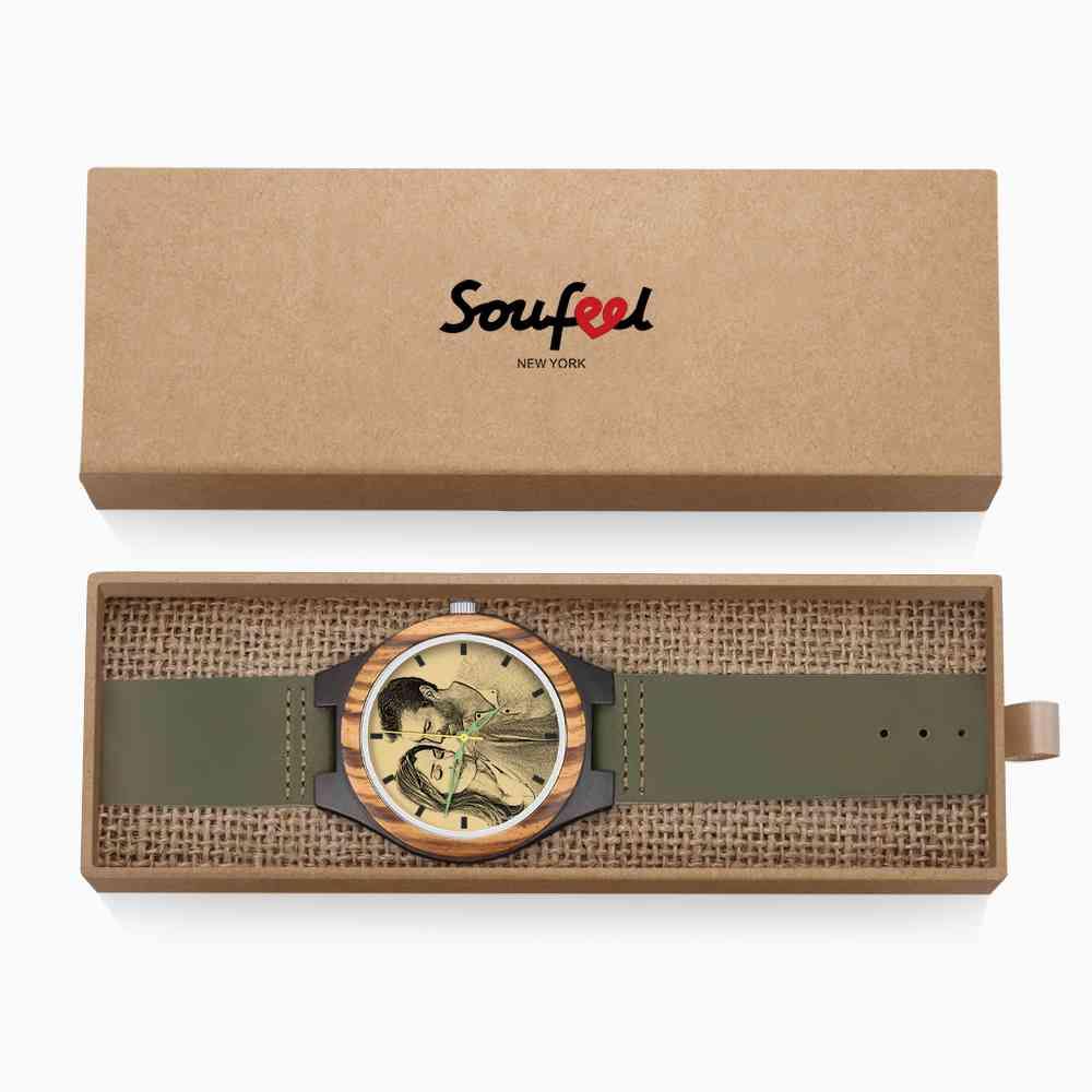 Men's Engraved Wooden Photo Watch Dark Green Leather Strap 45mm