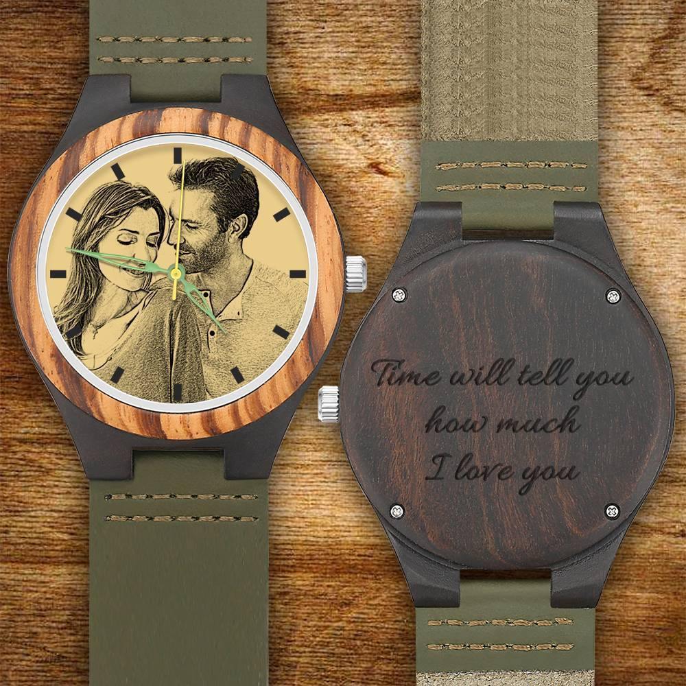 Men's Engraved Wooden Photo Watch Dark Green Leather Strap 45mm