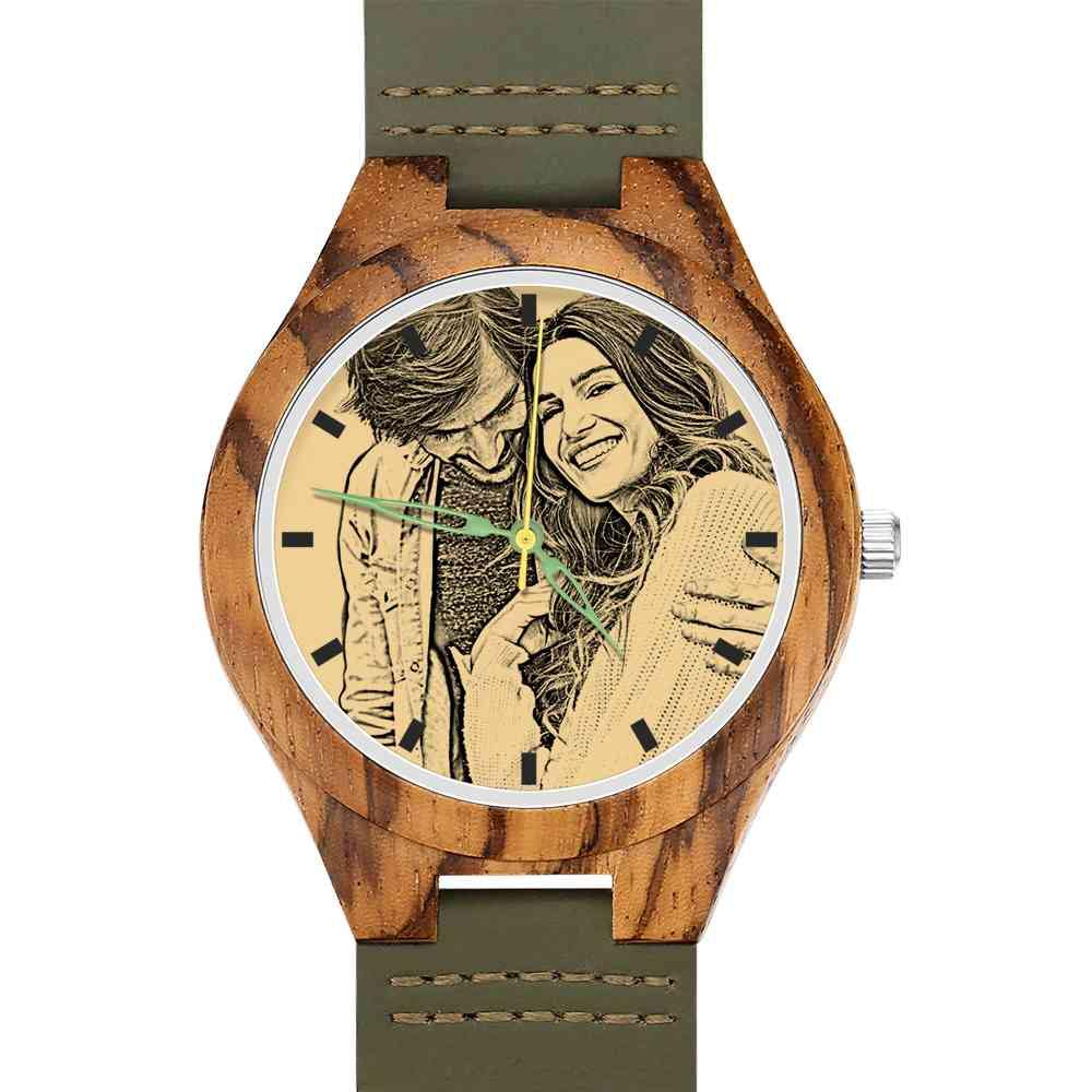 Men's Engraved Wooden Photo Watch Dark Green Leather Strap 45mm