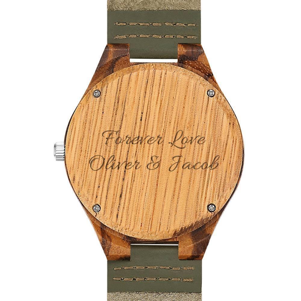 Men's Engraved Wooden Photo Watch Dark Green Leather Strap 45mm
