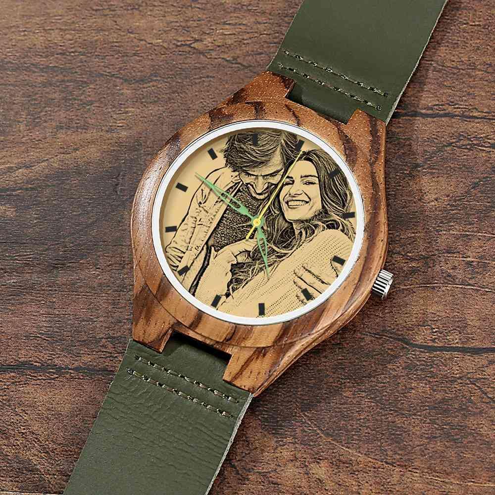 Men's Engraved Wooden Photo Watch Dark Green Leather Strap 45mm