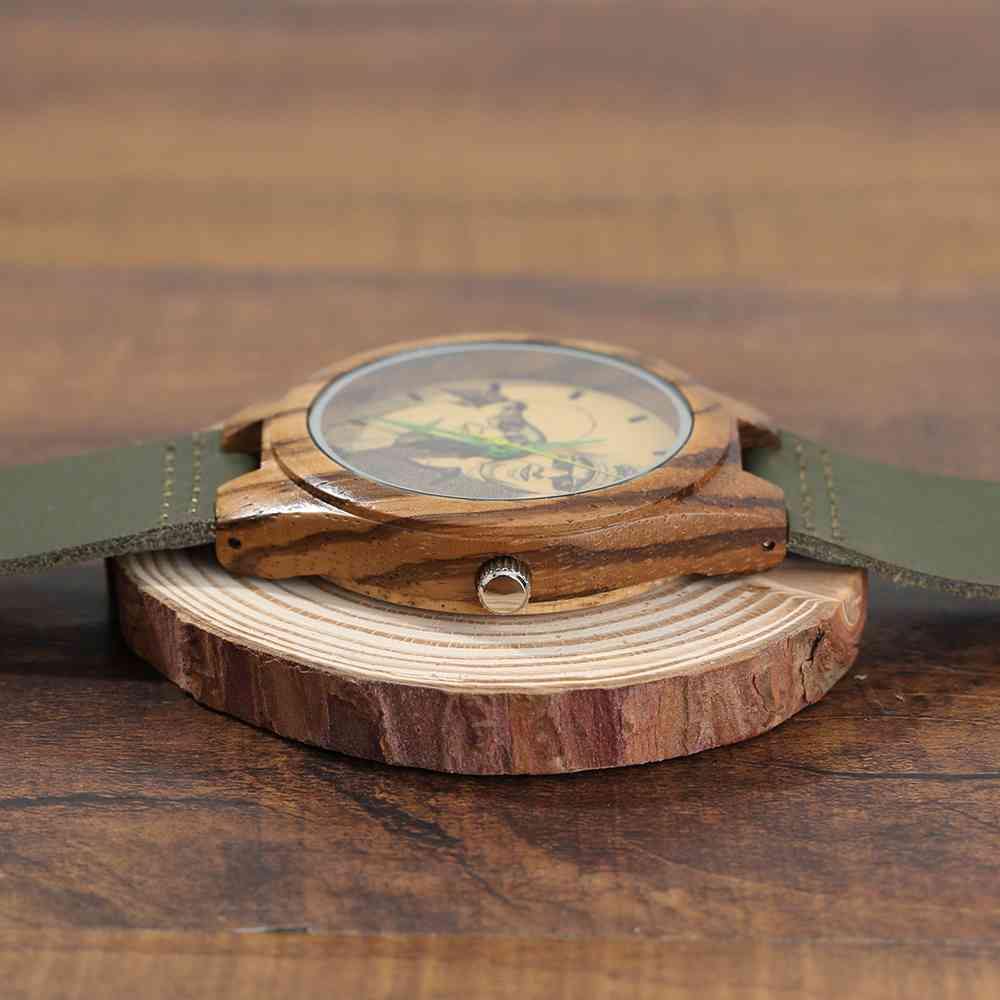 Men's Engraved Wooden Photo Watch Dark Green Leather Strap 45mm