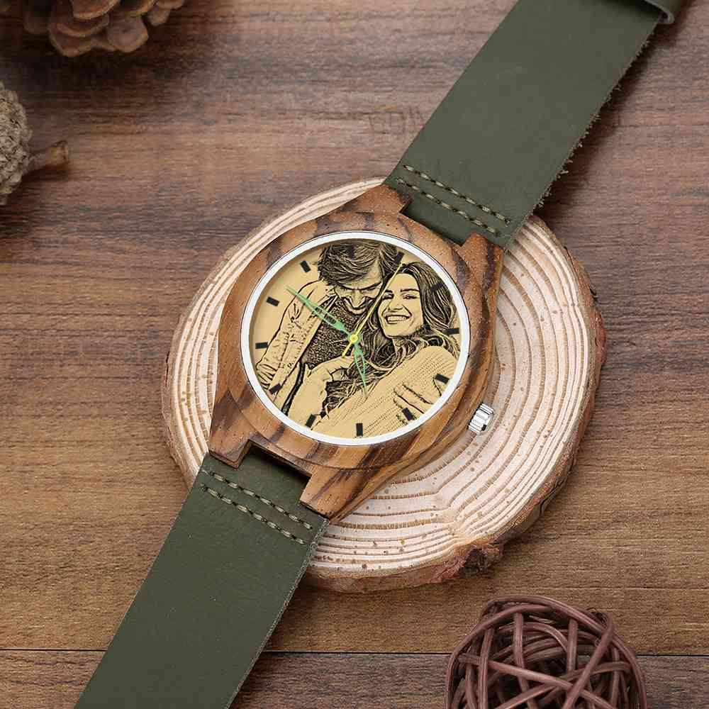 Men's Engraved Wooden Photo Watch Dark Green Leather Strap 45mm