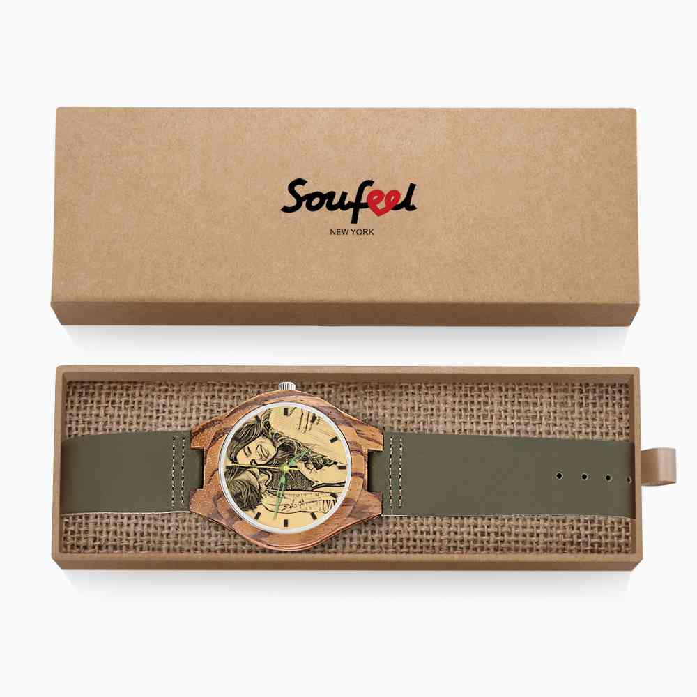 Men's Engraved Wooden Photo Watch Dark Green Leather Strap 45mm
