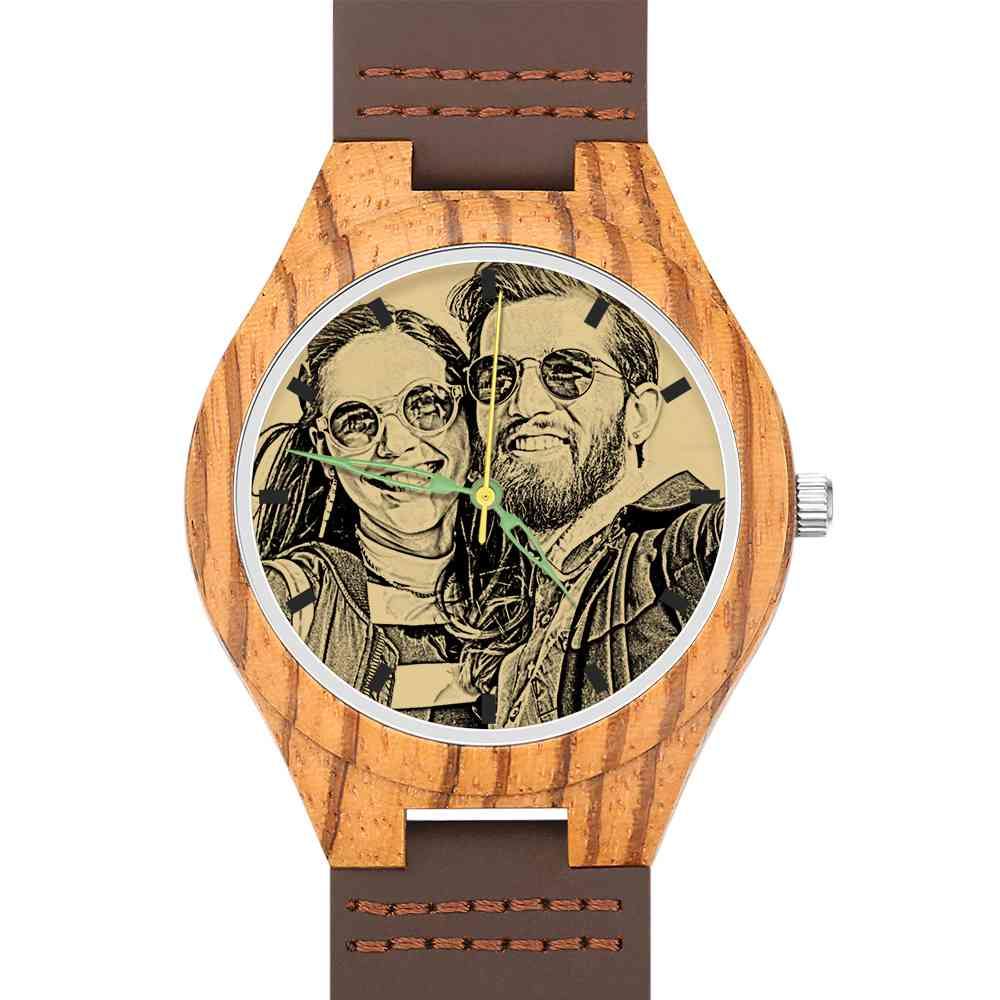 Men's Engraved Wooden Photo Watch Brown Leather Strap 45mm