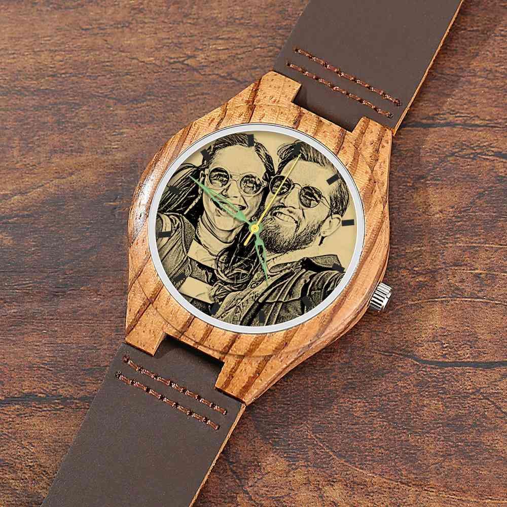 Men's Engraved Wooden Photo Watch Brown Leather Strap 45mm