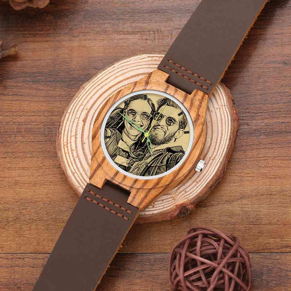 Men's Engraved Wooden Photo Watch Brown Leather Strap 45mm