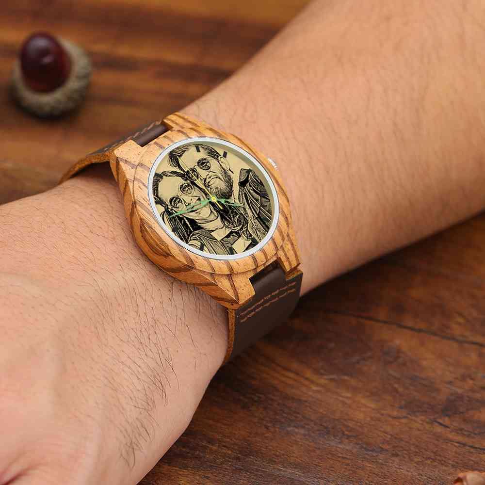 Men's Engraved Wooden Photo Watch Brown Leather Strap 45mm